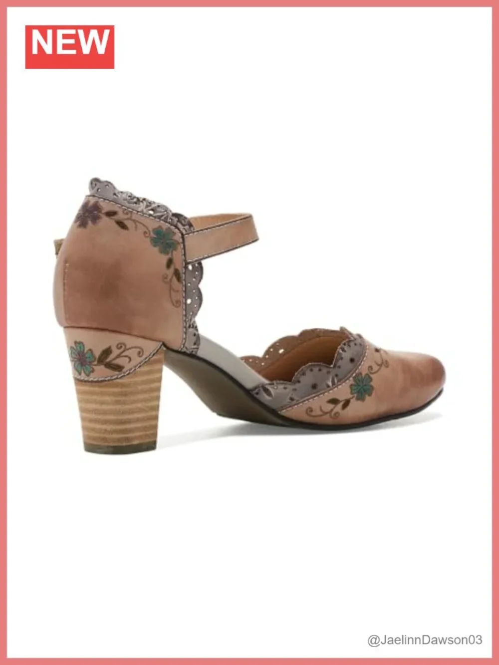 Women's Leather Embroidered Pumps Kitten Heel Hook & Loop Almond Toe